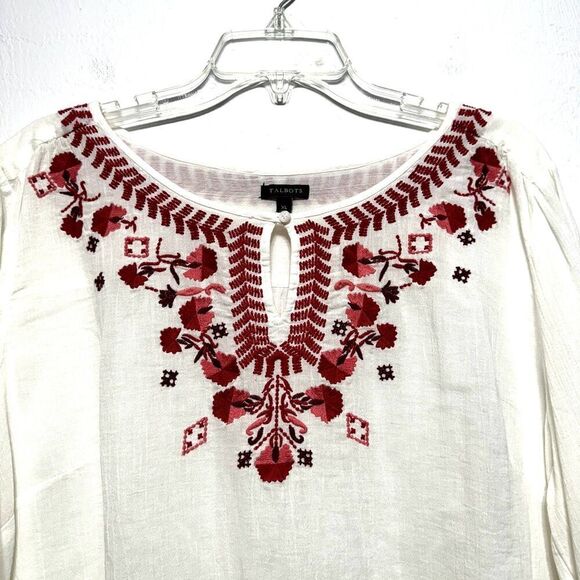 Talbots Embroidered Top White Floral Red Blouse 3/4 Sleeve Women sz Extra Large - Picture 3 of 8